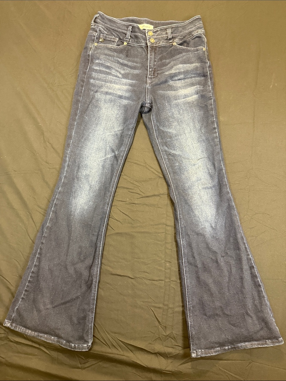 KanCan Dark Blue Flare Jeans with Faded Whiskering Size 13 30 Stretch